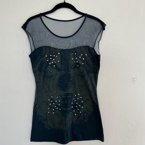 Sheer Mesh Wolf‎ Graphic Top Rhinestone Studded Gothic Y2K Fairy Grunge Sz S